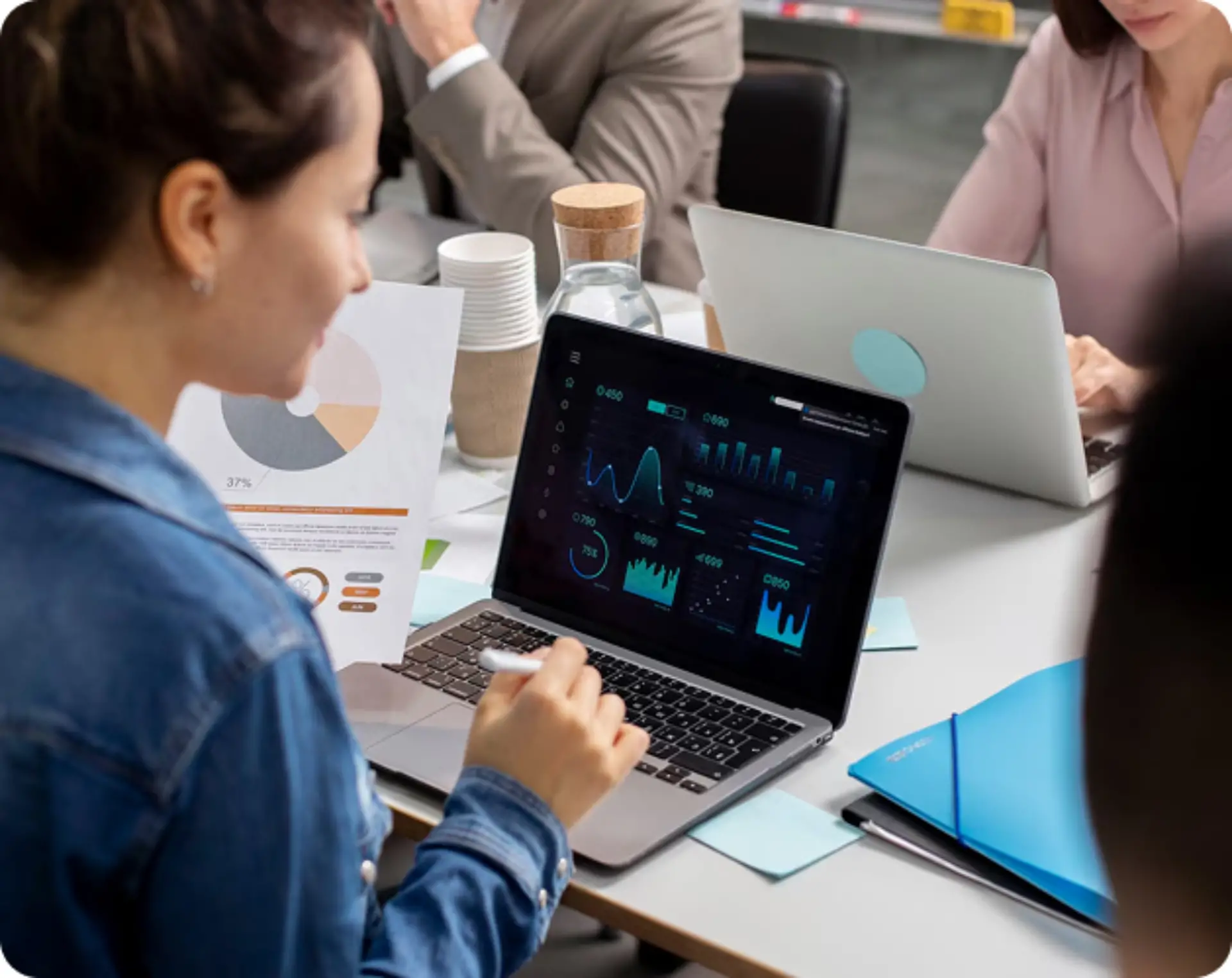 Business intelligence team reviewing analytics dashboards and performance reports for a client in Ireland